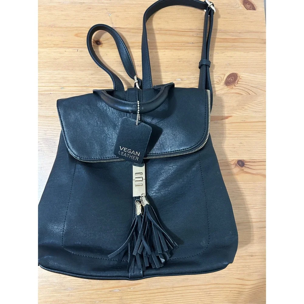 Miztique Black Diana Vegan Leather Backpack Tassel Gold Hardware Large Travel